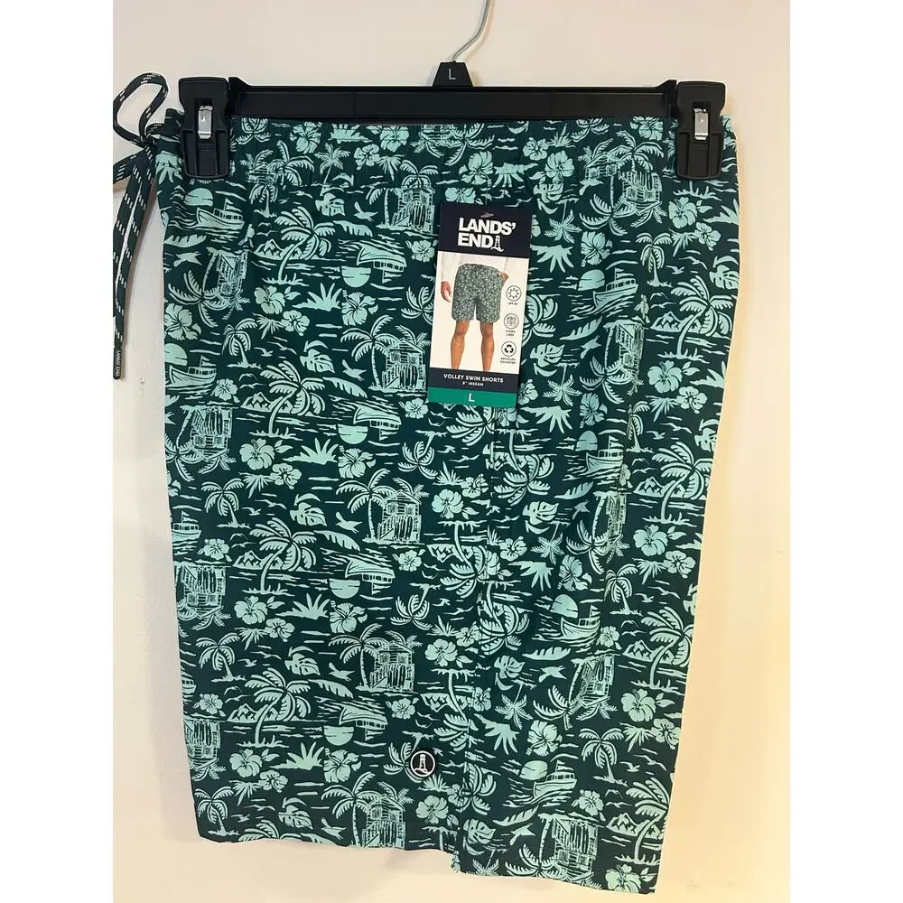 LANDS END Sz L Green Volley Swim Shorts dark green Tropical Liner Beach Vacation